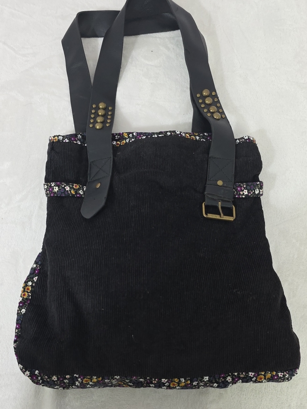 L.E.I. Black Corduroy Floral Trim Tote Bag Y2K Boho Shoulder Purse